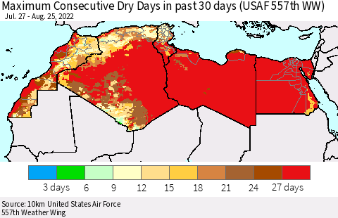 North Africa Maximum Consecutive Dry Days in past 30 days (USAF 557th WW) 08/25/2022 Thematic Map For 8/21/2022 - 8/25/2022