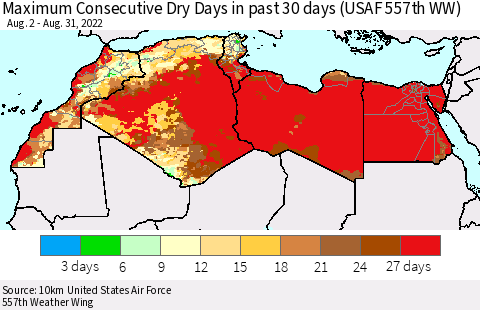 North Africa Maximum Consecutive Dry Days in past 30 days (USAF 557th WW) 08/31/2022 Thematic Map For 8/26/2022 - 8/31/2022