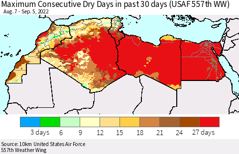 North Africa Maximum Consecutive Dry Days in past 30 days (USAF 557th WW) 09/05/2022 Thematic Map For 9/1/2022 - 9/5/2022