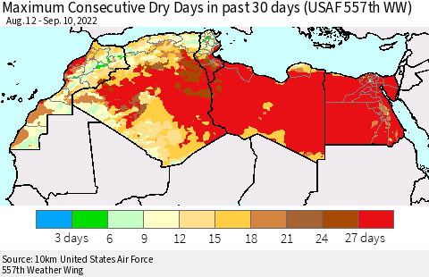 North Africa Maximum Consecutive Dry Days in past 30 days (USAF 557th WW) 09/10/2022 Thematic Map For 9/6/2022 - 9/10/2022