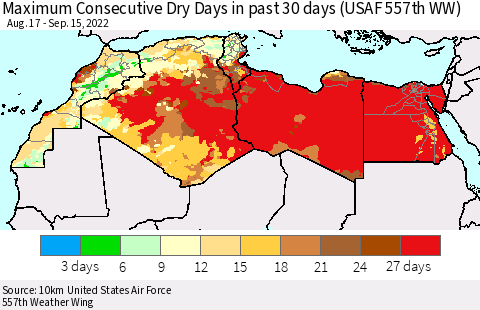 North Africa Maximum Consecutive Dry Days in past 30 days (USAF 557th WW) 09/15/2022 Thematic Map For 9/11/2022 - 9/15/2022