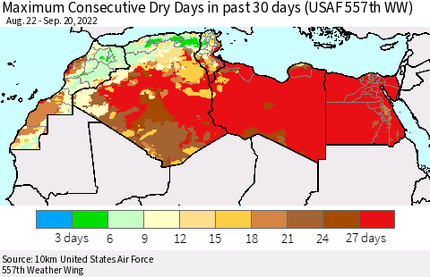 North Africa Maximum Consecutive Dry Days in past 30 days (USAF 557th WW) 09/20/2022 Thematic Map For 9/16/2022 - 9/20/2022