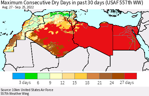 North Africa Maximum Consecutive Dry Days in past 30 days (USAF 557th WW) 09/25/2022 Thematic Map For 9/21/2022 - 9/25/2022