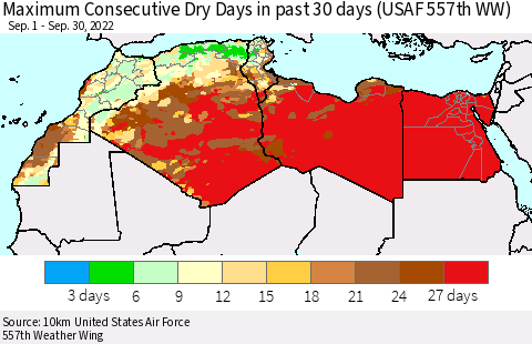 North Africa Maximum Consecutive Dry Days in past 30 days (USAF 557th WW) 09/30/2022 Thematic Map For 9/26/2022 - 9/30/2022
