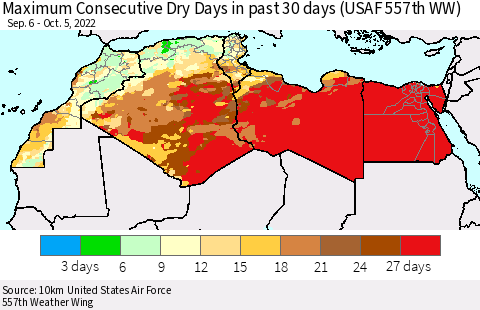 North Africa Maximum Consecutive Dry Days in past 30 days (USAF 557th WW) 10/05/2022 Thematic Map For 10/1/2022 - 10/5/2022