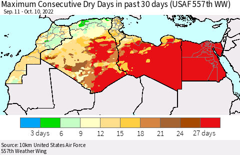 North Africa Maximum Consecutive Dry Days in past 30 days (USAF 557th WW) 10/10/2022 Thematic Map For 10/6/2022 - 10/10/2022