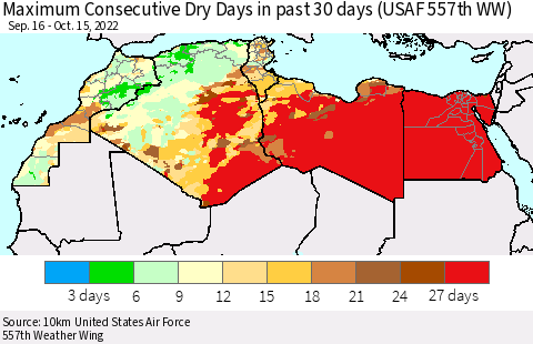 North Africa Maximum Consecutive Dry Days in past 30 days (USAF 557th WW) 10/15/2022 Thematic Map For 10/11/2022 - 10/15/2022