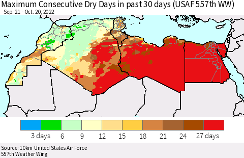 North Africa Maximum Consecutive Dry Days in past 30 days (USAF 557th WW) 10/20/2022 Thematic Map For 10/16/2022 - 10/20/2022