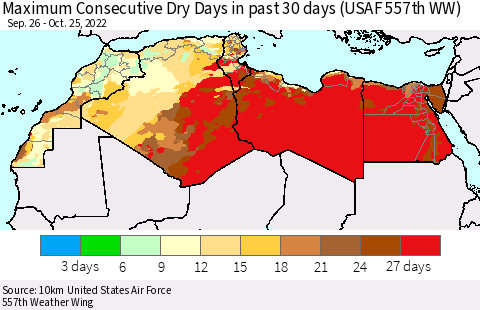 North Africa Maximum Consecutive Dry Days in past 30 days (USAF 557th WW) 10/25/2022 Thematic Map For 10/21/2022 - 10/25/2022