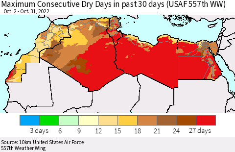 North Africa Maximum Consecutive Dry Days in past 30 days (USAF 557th WW) 10/31/2022 Thematic Map For 10/26/2022 - 10/31/2022