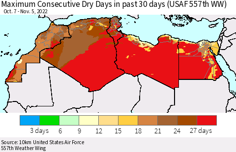 North Africa Maximum Consecutive Dry Days in past 30 days (USAF 557th WW) 11/05/2022 Thematic Map For 11/1/2022 - 11/5/2022