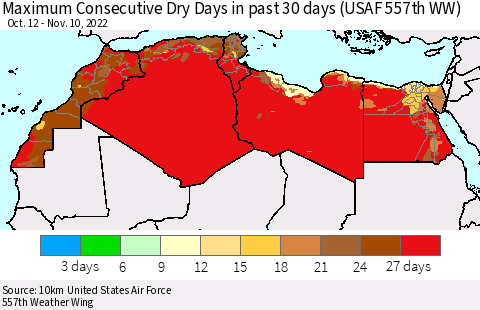North Africa Maximum Consecutive Dry Days in past 30 days (USAF 557th WW) 11/10/2022 Thematic Map For 11/6/2022 - 11/10/2022