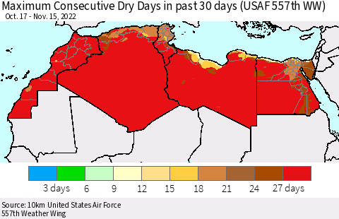 North Africa Maximum Consecutive Dry Days in past 30 days (USAF 557th WW) 11/15/2022 Thematic Map For 11/11/2022 - 11/15/2022