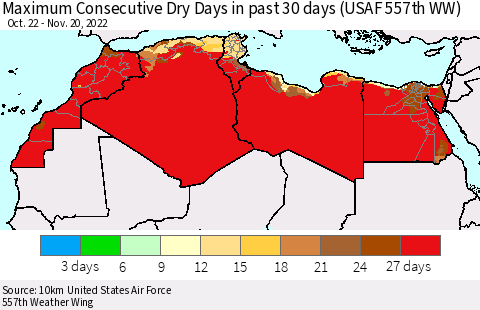 North Africa Maximum Consecutive Dry Days in past 30 days (USAF 557th WW) 11/20/2022 Thematic Map For 11/16/2022 - 11/20/2022