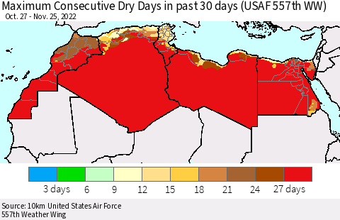 North Africa Maximum Consecutive Dry Days in past 30 days (USAF 557th WW) 11/25/2022 Thematic Map For 11/21/2022 - 11/25/2022
