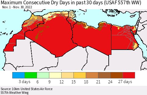 North Africa Maximum Consecutive Dry Days in past 30 days (USAF 557th WW) 11/30/2022 Thematic Map For 11/26/2022 - 11/30/2022