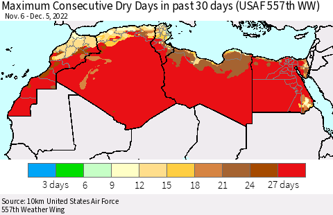 North Africa Maximum Consecutive Dry Days in past 30 days (USAF 557th WW) 12/05/2022 Thematic Map For 12/1/2022 - 12/5/2022