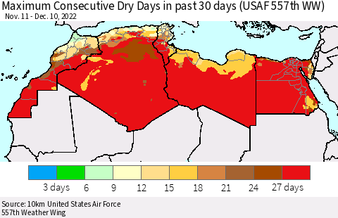 North Africa Maximum Consecutive Dry Days in past 30 days (USAF 557th WW) 12/10/2022 Thematic Map For 12/6/2022 - 12/10/2022