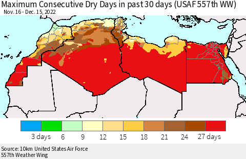 North Africa Maximum Consecutive Dry Days in past 30 days (USAF 557th WW) 12/15/2022 Thematic Map For 12/11/2022 - 12/15/2022