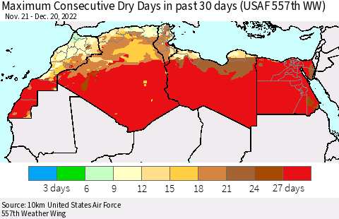 North Africa Maximum Consecutive Dry Days in past 30 days (USAF 557th WW) 12/20/2022 Thematic Map For 12/16/2022 - 12/20/2022
