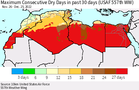 North Africa Maximum Consecutive Dry Days in past 30 days (USAF 557th WW) 12/25/2022 Thematic Map For 12/21/2022 - 12/25/2022