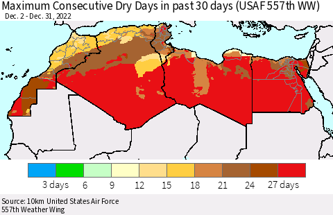 North Africa Maximum Consecutive Dry Days in past 30 days (USAF 557th WW) 12/31/2022 Thematic Map For 12/26/2022 - 12/31/2022