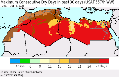 North Africa Maximum Consecutive Dry Days in past 30 days (USAF 557th WW) 01/05/2023 Thematic Map For 1/1/2023 - 1/5/2023