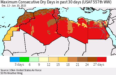 North Africa Maximum Consecutive Dry Days in past 30 days (USAF 557th WW) 01/10/2023 Thematic Map For 1/6/2023 - 1/10/2023