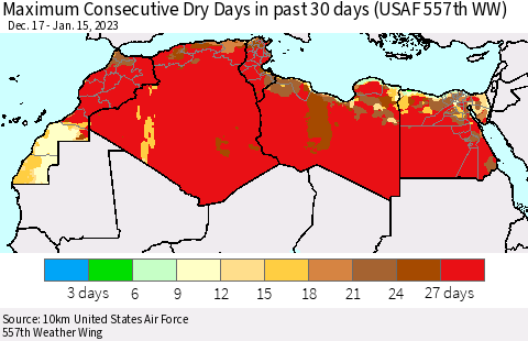 North Africa Maximum Consecutive Dry Days in past 30 days (USAF 557th WW) 01/15/2023 Thematic Map For 1/11/2023 - 1/15/2023