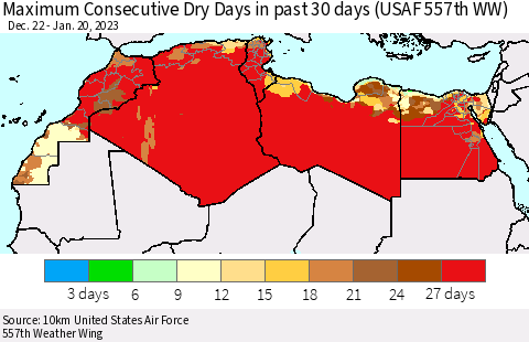 North Africa Maximum Consecutive Dry Days in past 30 days (USAF 557th WW) 01/20/2023 Thematic Map For 1/16/2023 - 1/20/2023