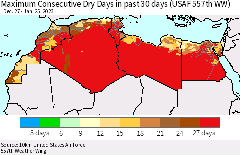 North Africa Maximum Consecutive Dry Days in past 30 days (USAF 557th WW) 01/25/2023 Thematic Map For 1/21/2023 - 1/25/2023