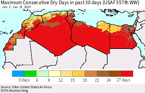 North Africa Maximum Consecutive Dry Days in past 30 days (USAF 557th WW) 01/31/2023 Thematic Map For 1/26/2023 - 1/31/2023