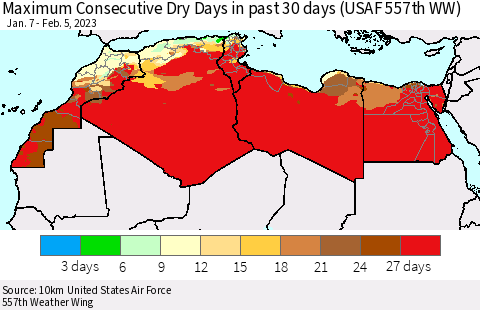 North Africa Maximum Consecutive Dry Days in past 30 days (USAF 557th WW) Thematic Map For 2/1/2023 - 2/5/2023