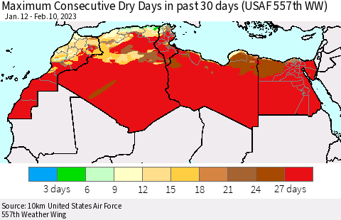 North Africa Maximum Consecutive Dry Days in past 30 days (USAF 557th WW) 02/10/2023 Thematic Map For 2/6/2023 - 2/10/2023