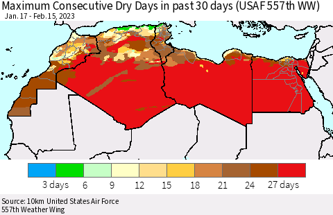 North Africa Maximum Consecutive Dry Days in past 30 days (USAF 557th WW) 02/15/2023 Thematic Map For 2/11/2023 - 2/15/2023