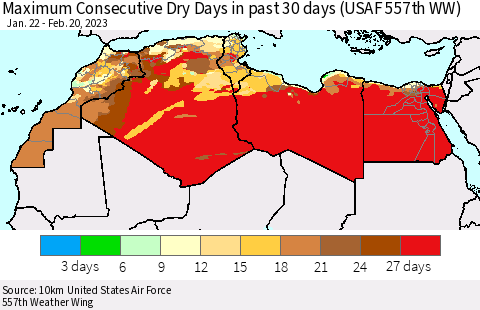 North Africa Maximum Consecutive Dry Days in past 30 days (USAF 557th WW) 02/20/2023 Thematic Map For 2/16/2023 - 2/20/2023