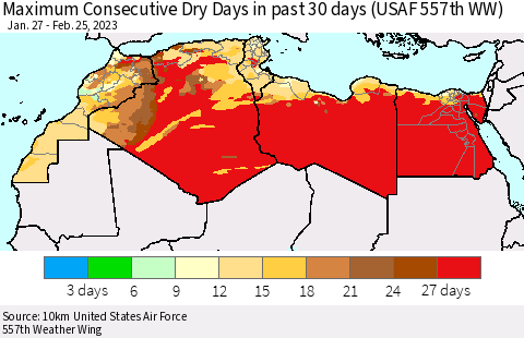 North Africa Maximum Consecutive Dry Days in past 30 days (USAF 557th WW) Thematic Map For 2/21/2023 - 2/25/2023