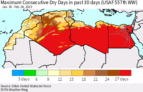 North Africa Maximum Consecutive Dry Days in past 30 days (USAF 557th WW) 02/28/2023 Thematic Map For 2/26/2023 - 2/28/2023