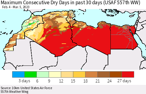 North Africa Maximum Consecutive Dry Days in past 30 days (USAF 557th WW) 03/05/2023 Thematic Map For 3/1/2023 - 3/5/2023