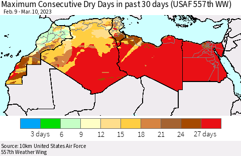 North Africa Maximum Consecutive Dry Days in past 30 days (USAF 557th WW) 03/10/2023 Thematic Map For 3/6/2023 - 3/10/2023