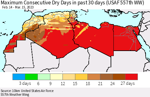 North Africa Maximum Consecutive Dry Days in past 30 days (USAF 557th WW) 03/15/2023 Thematic Map For 3/11/2023 - 3/15/2023