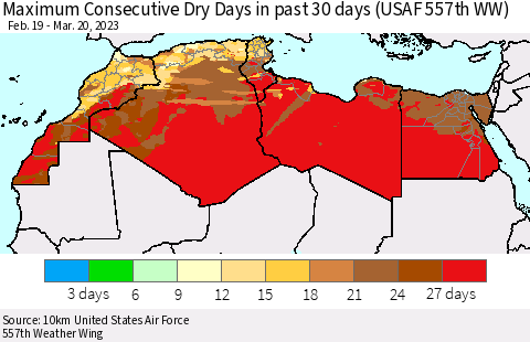 North Africa Maximum Consecutive Dry Days in past 30 days (USAF 557th WW) 03/20/2023 Thematic Map For 3/16/2023 - 3/20/2023