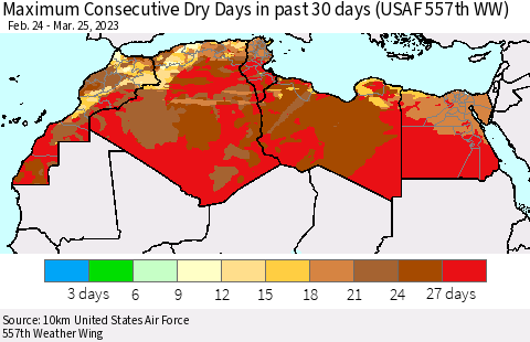 North Africa Maximum Consecutive Dry Days in past 30 days (USAF 557th WW) 03/25/2023 Thematic Map For 3/21/2023 - 3/25/2023