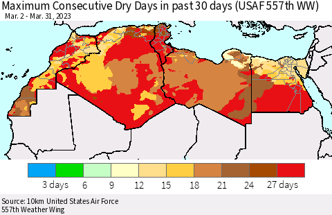North Africa Maximum Consecutive Dry Days in past 30 days (USAF 557th WW) 03/31/2023 Thematic Map For 3/26/2023 - 3/31/2023