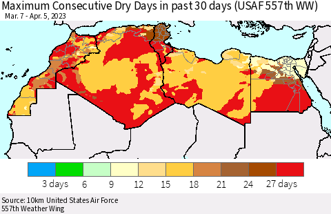 North Africa Maximum Consecutive Dry Days in past 30 days (USAF 557th WW) 04/05/2023 Thematic Map For 4/1/2023 - 4/5/2023