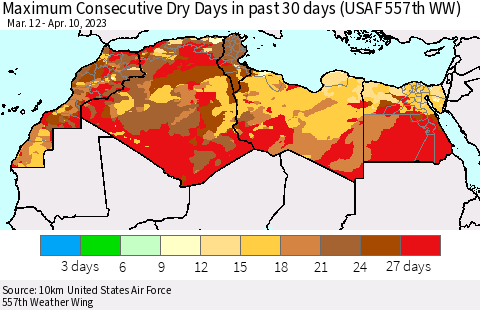North Africa Maximum Consecutive Dry Days in past 30 days (USAF 557th WW) 04/10/2023 Thematic Map For 4/6/2023 - 4/10/2023