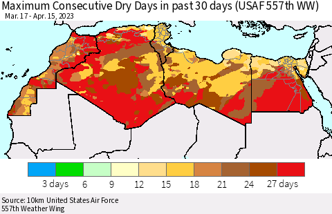 North Africa Maximum Consecutive Dry Days in past 30 days (USAF 557th WW) 04/15/2023 Thematic Map For 4/11/2023 - 4/15/2023