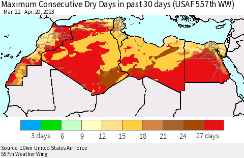 North Africa Maximum Consecutive Dry Days in past 30 days (USAF 557th WW) 04/20/2023 Thematic Map For 4/16/2023 - 4/20/2023