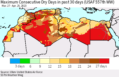 North Africa Maximum Consecutive Dry Days in past 30 days (USAF 557th WW) 04/25/2023 Thematic Map For 4/21/2023 - 4/25/2023