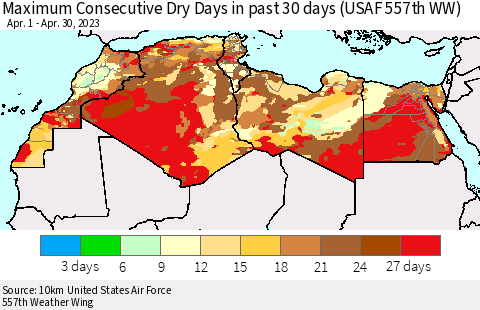 North Africa Maximum Consecutive Dry Days in past 30 days (USAF 557th WW) 04/30/2023 Thematic Map For 4/26/2023 - 4/30/2023